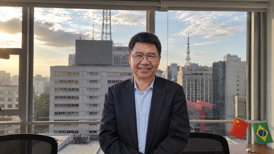 清华大学刘德华教授在巴西接受采访，背景为城市景观与中巴两国国旗